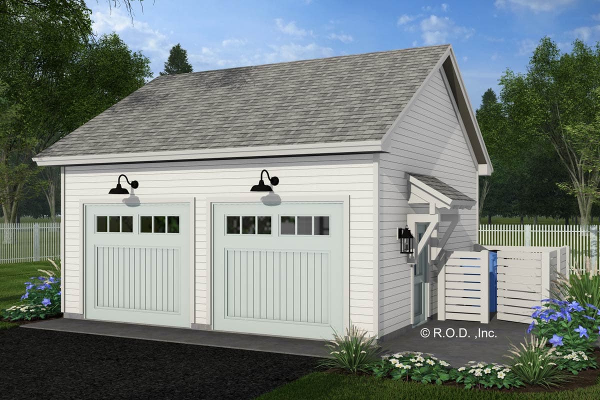 House plan exterior: Two-car garage with paneled doors, overhead windows, and a single entry door with a small roof overhang.