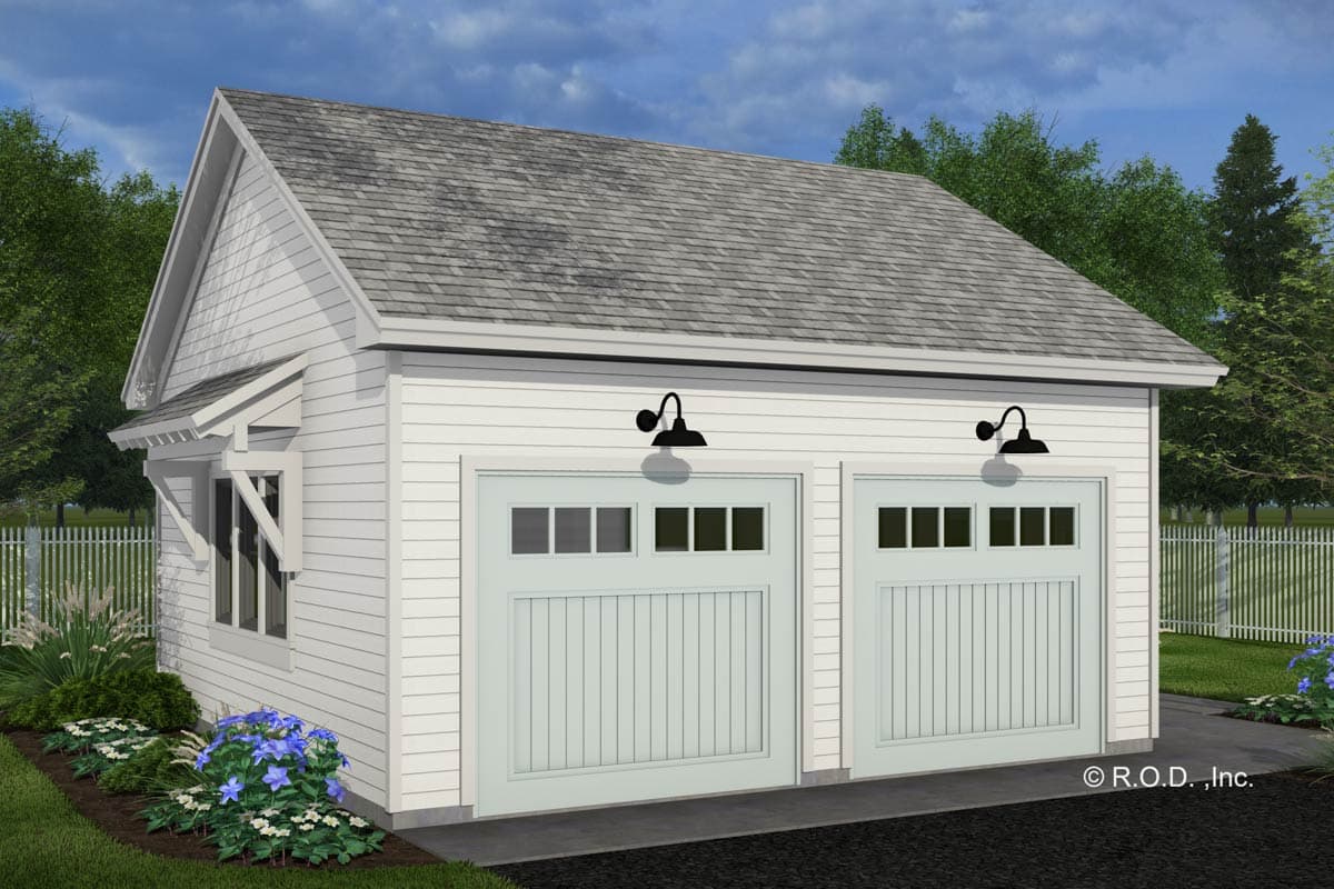 House plan exterior with two-car garage, board-and-batten siding, gable roof, and decorative window awning.