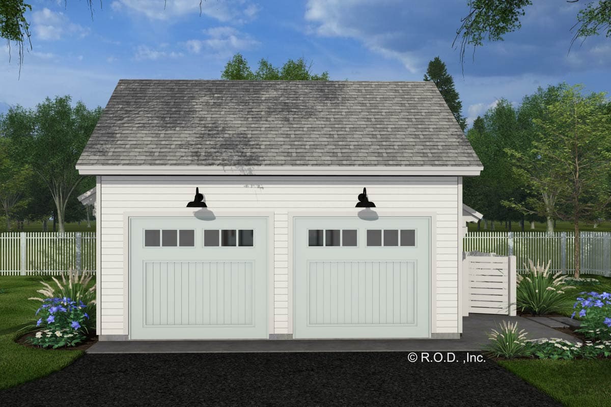 Two-car garage plan exterior with white siding, gray shingle roof, paneled doors with square windows, and barn lights.