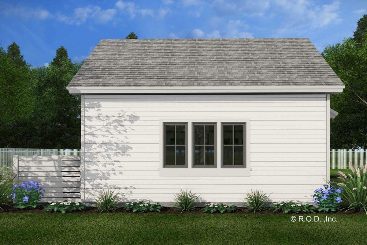 House plan exterior: one-story building with white horizontal siding, asphalt shingle roof, and three adjacent windows.