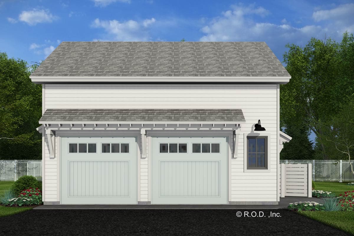 House plan exterior with two-car garage. Features include a gable roof, pergola-style overhangs, and a small side window.
