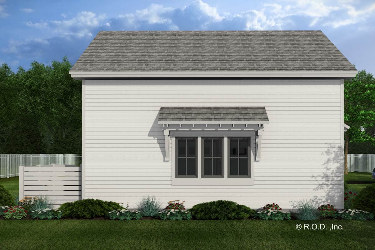House plan exterior side view: white clapboard siding, gable roof, and a three-section window with a scalloped awning.