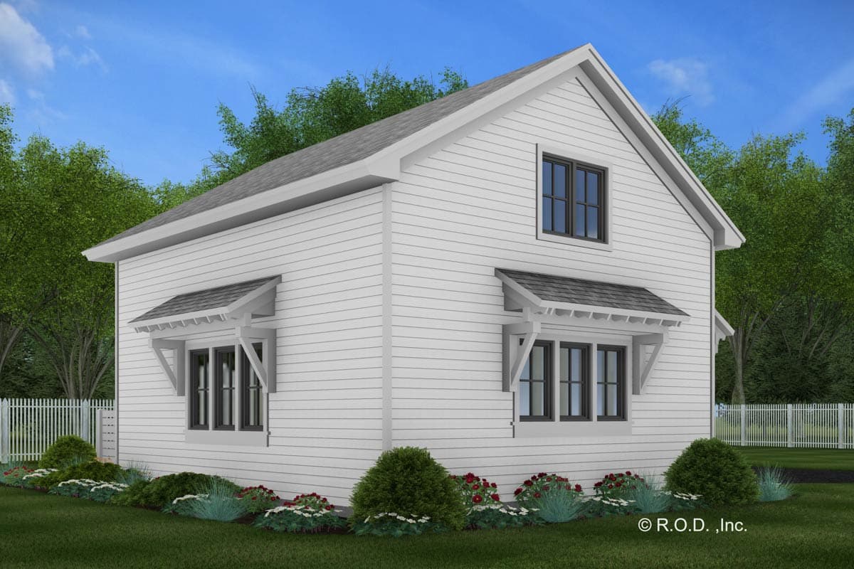 House plan exterior, two-story white siding home with gabled roof, multiple windows with awnings.