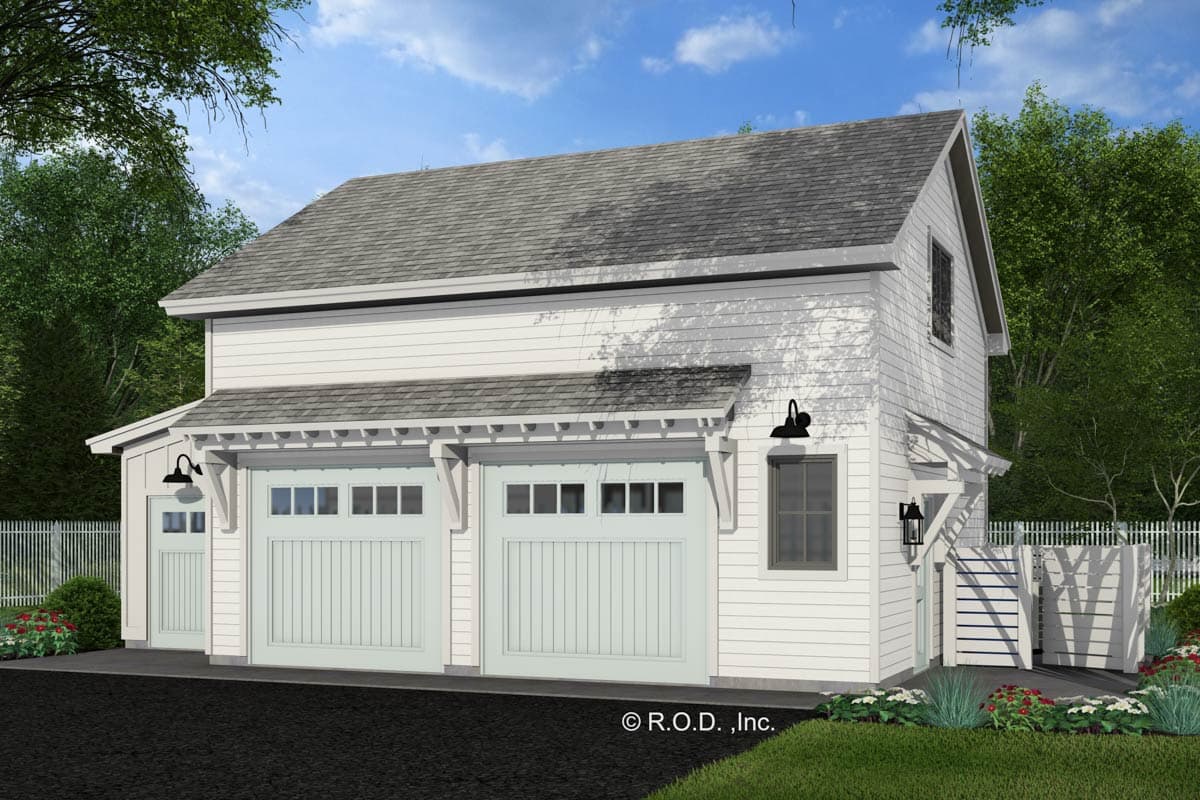 House plan exterior: Two-story Modern Farmhouse garage with two bays, a single-door bay, and board-and-batten siding.
