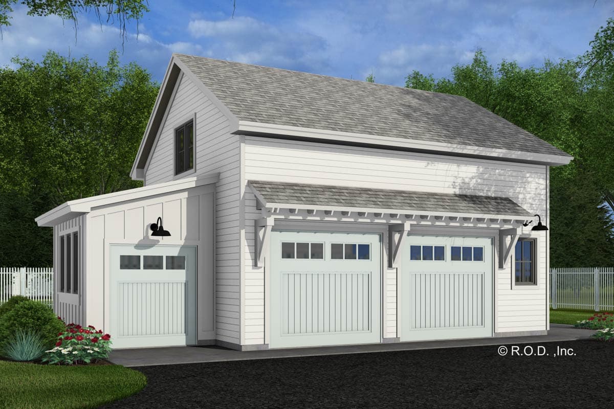 House plan exterior: Modern Farmhouse style with a two-car garage and a single garage, dormer window, and porch roof.