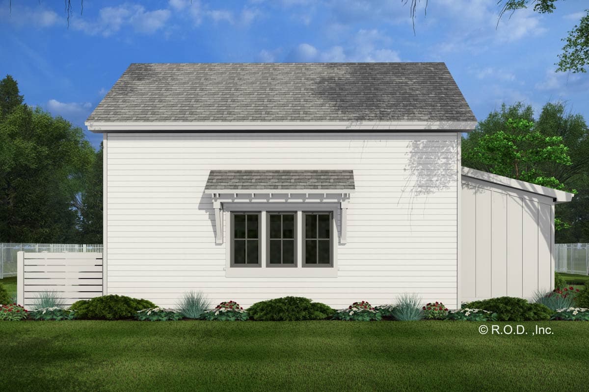House plan exterior view: Two-story house with gabled roof, horizontal siding, and a triple-window with an awning.