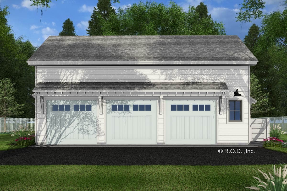 House plan exterior with three-car garage featuring a gabled roof, light-colored siding, and a small window with a decorative light fixture.
