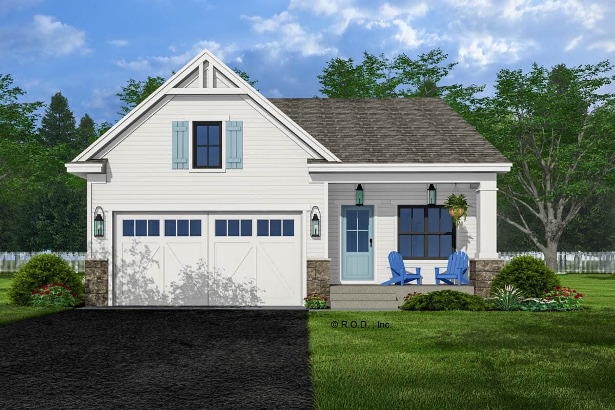 House plan exterior. Craftsman style, single-story home with front-facing garage, gabled roof, and covered porch.