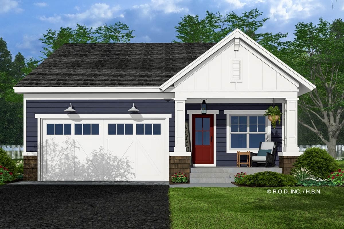 House plan exterior. One-story Craftsman with front-facing gabled roof. Features include a covered porch, garage, and dark siding.