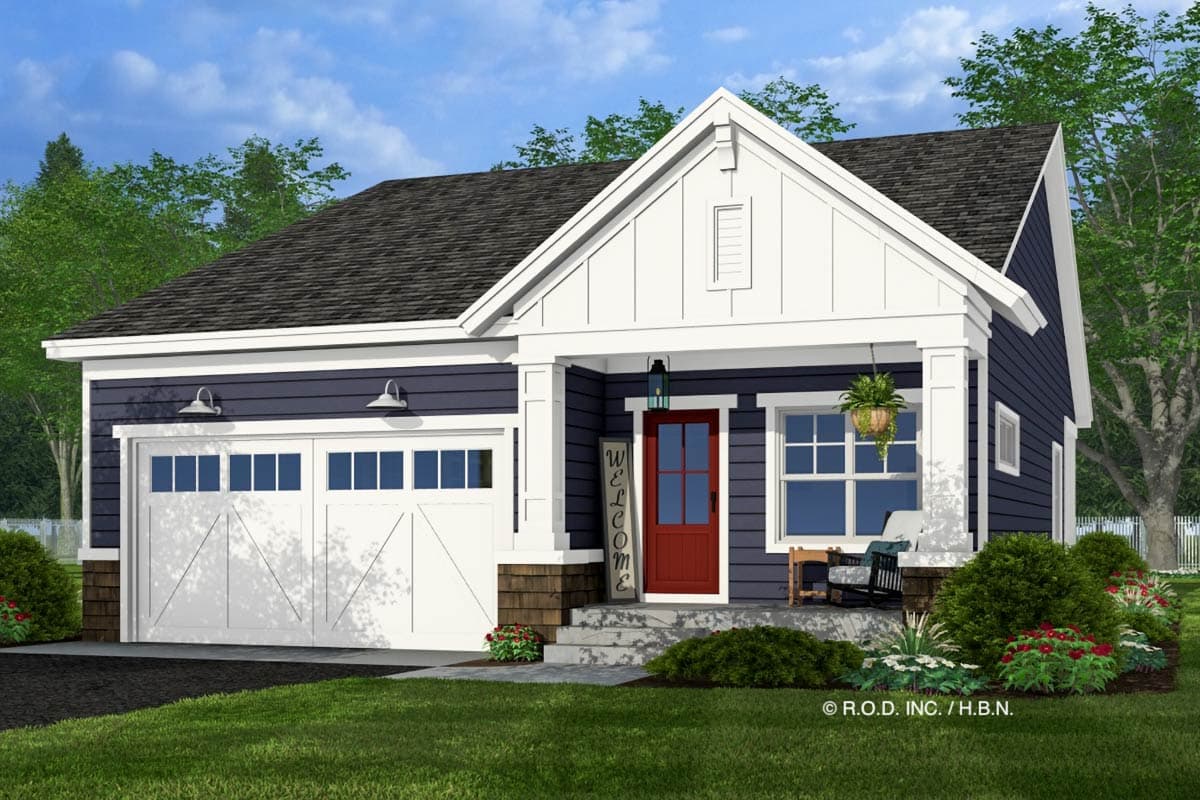 House plan exterior: Modern Farmhouse style, one story, with a covered front porch, white garage doors and gable.