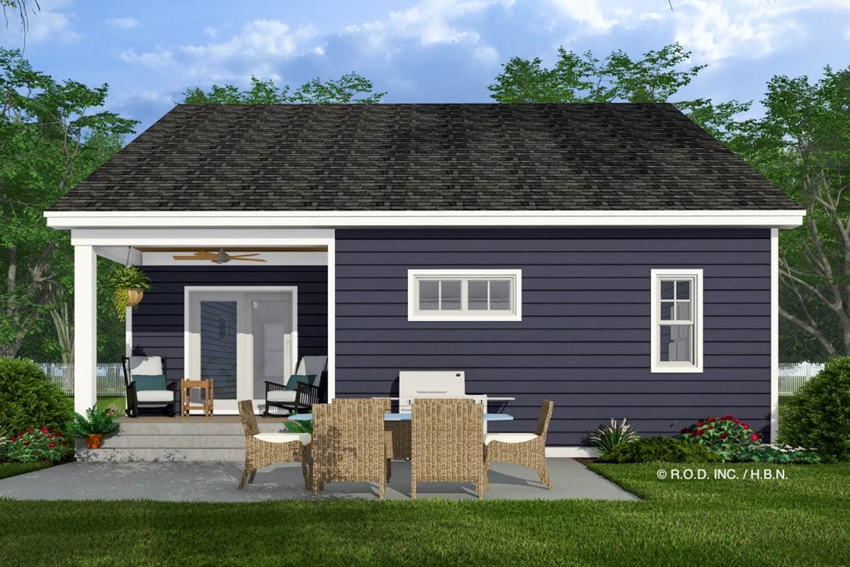 House plan exterior, single-story with covered porch, dual pane windows, and horizontal siding.