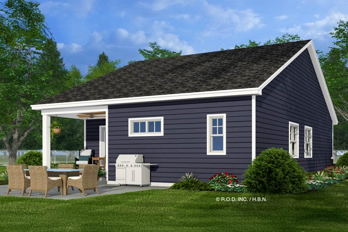 House plan exterior rendering: one-story home with vinyl siding, covered porch, and patio with grill.