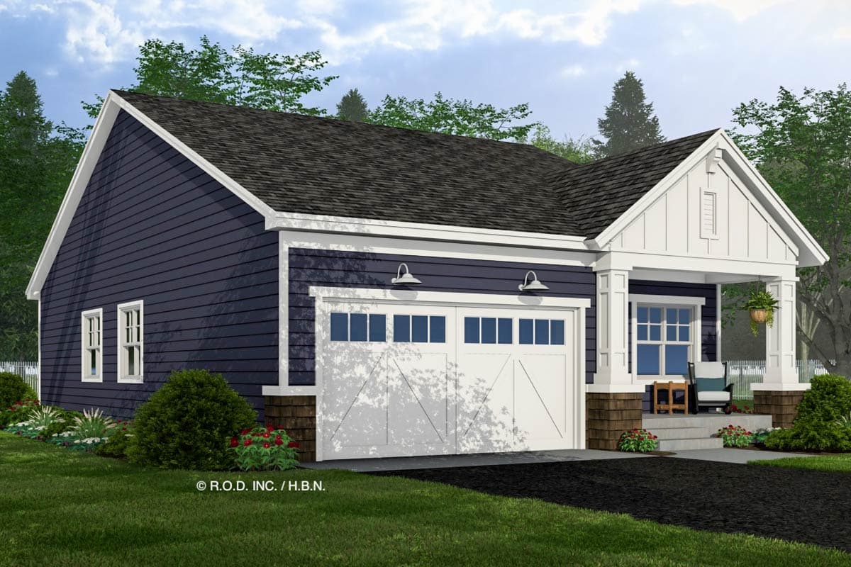 House plan exterior with a two-car garage, covered front porch, gables, and lap siding.