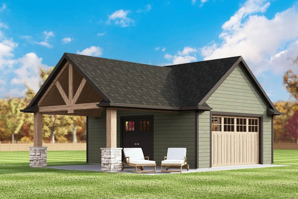 House plan exterior. One-story garage with gable roof, exposed timber porch supports, and wood garage door. Light green siding.