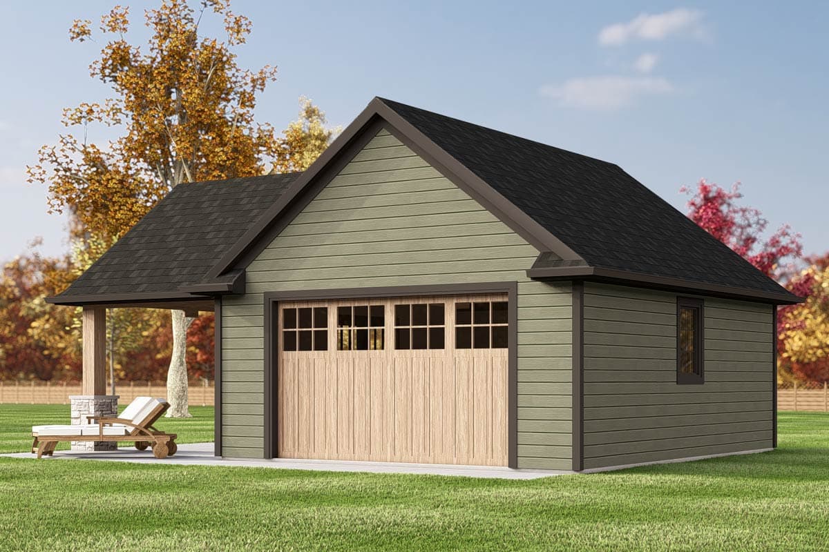 House plan exterior: Single-story garage with gabled roof, wooden garage door with windows, and covered patio with outdoor seating.
