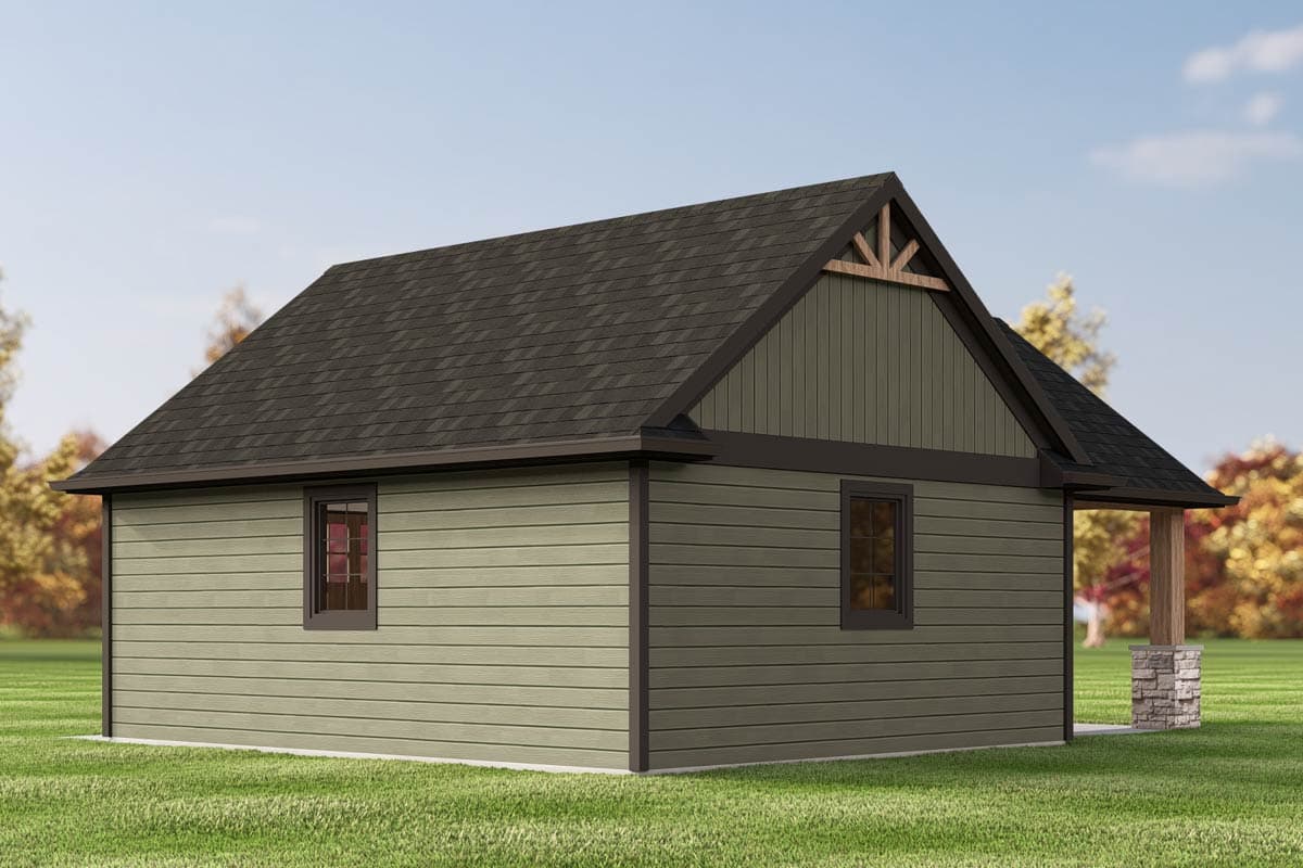 House plan exterior: Modern style, single-story with asphalt shingle roof, vinyl siding, and a stone-clad porch support.