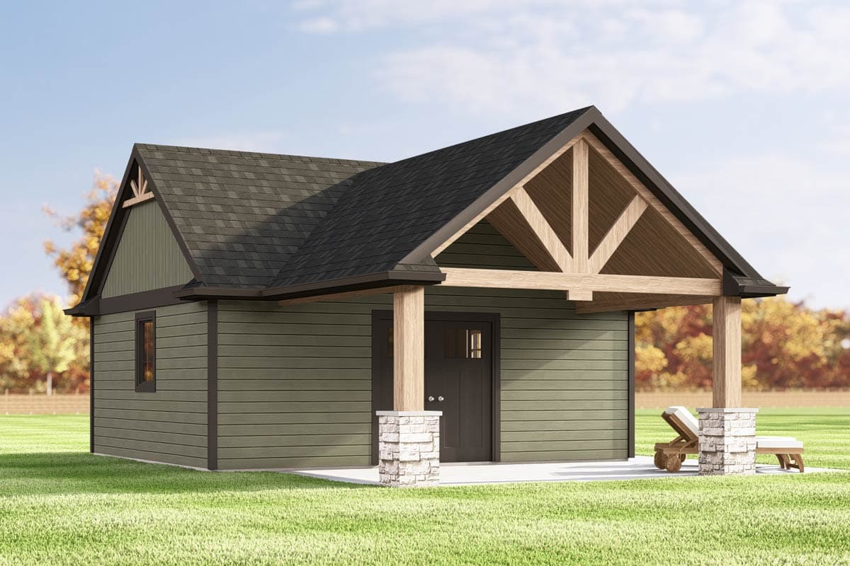 House plan exterior: Single-story Modern Farmhouse with covered entry, exposed rafter beams, stone accents, and horizontal siding.