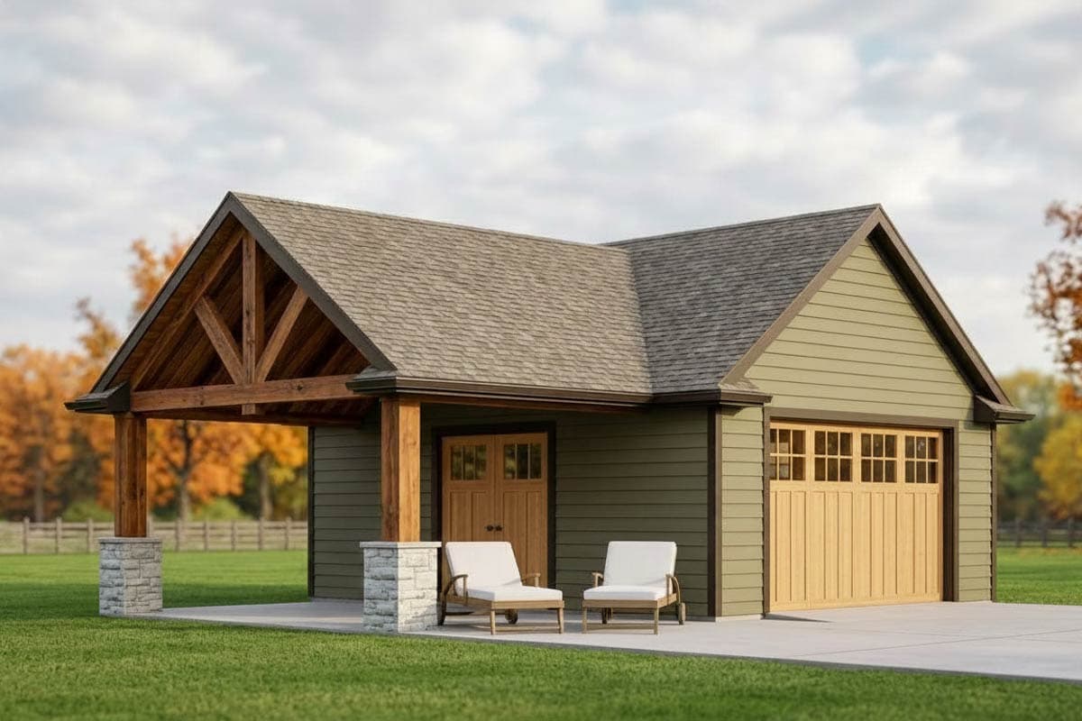 House plan exterior. One-story garage with gable roof, exposed timber porch supports, and wood garage door. Light green siding.
