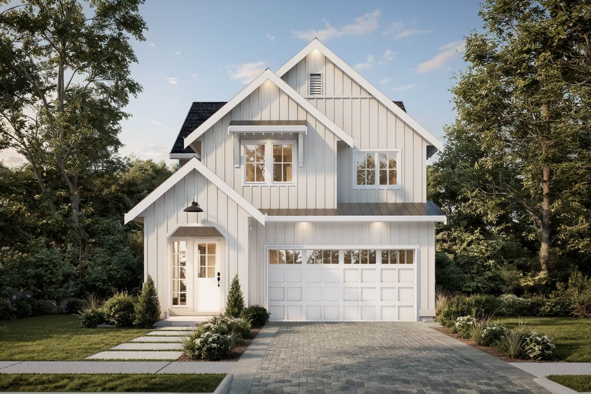 Modern Farmhouse house plan exterior: two stories, gable rooflines, board-and-batten siding, covered porch, and two-car garage.