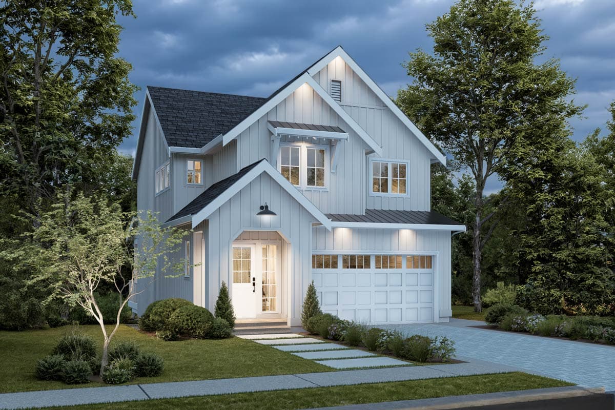 Modern Farmhouse house plan exterior with board and batten siding, multiple gables, covered entry, and attached garage.