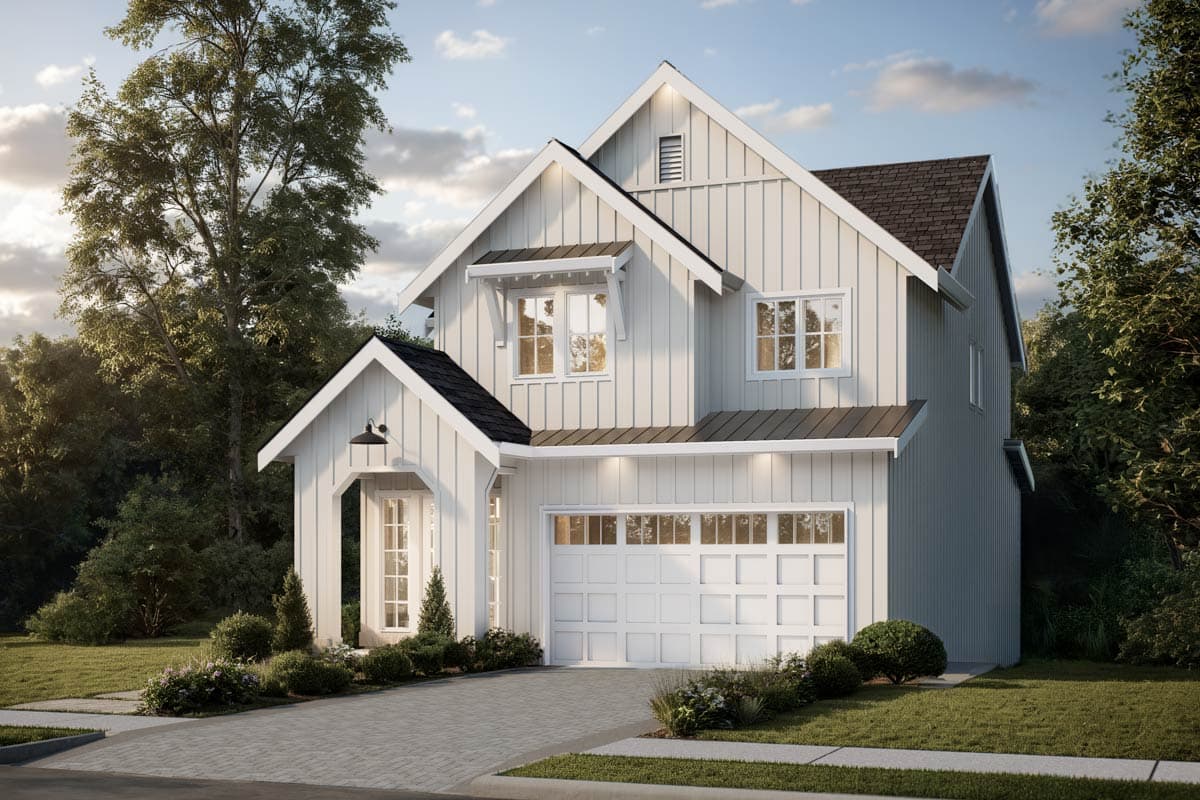 Modern Farmhouse house plan exterior. Two stories with board and batten siding, prominent gables, awnings, and a two-car garage.