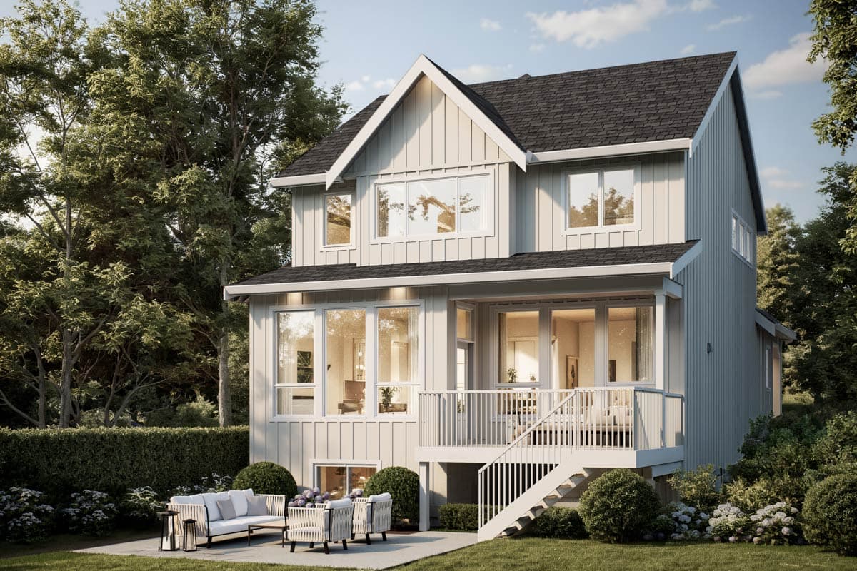 House plan exterior: Modern Farmhouse style, two stories, board and batten siding, prominent gable, deck with stairs.