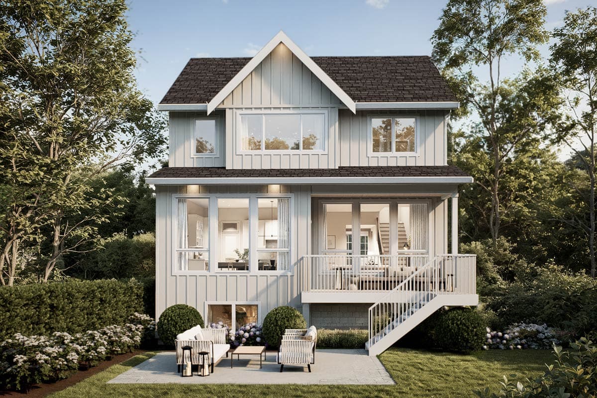 Modern house plan exterior, three stories, prominent gable, board-and-batten siding, large windows, and a deck with stairs.