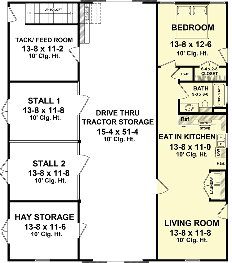 Plan 5164MM: 1-Bed Barndominium House Plan with Upstairs Hay Loft - Floor Plan - Main Level - Barndominium, Farmhouse