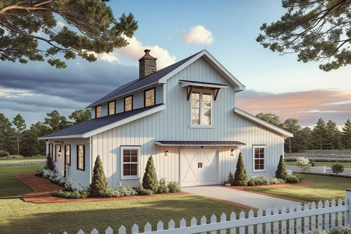 House plan exterior. Two-story barn-style house with board-and-batten siding. Features include a gabled roof, dormers, and a prominent front door.