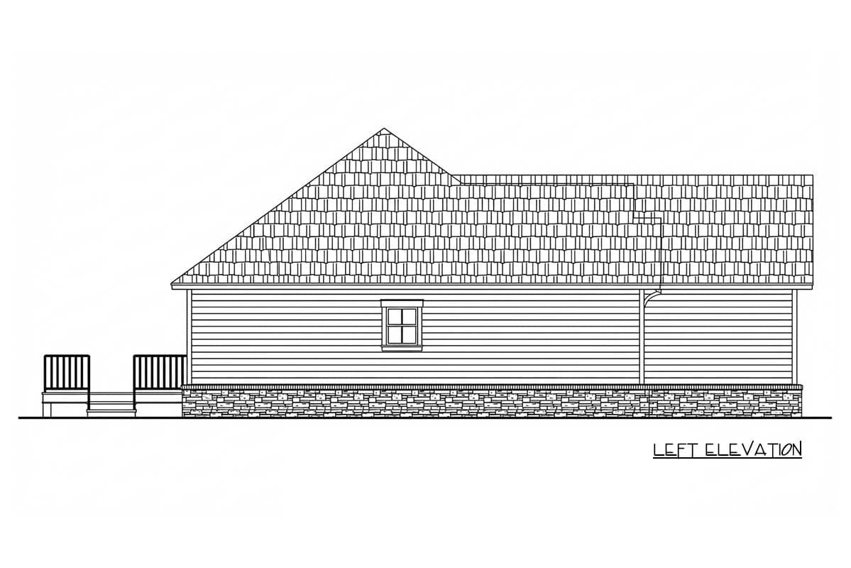 Left elevation house plan showing a shed roof, horizontal siding, stone foundation, and a deck with railings.