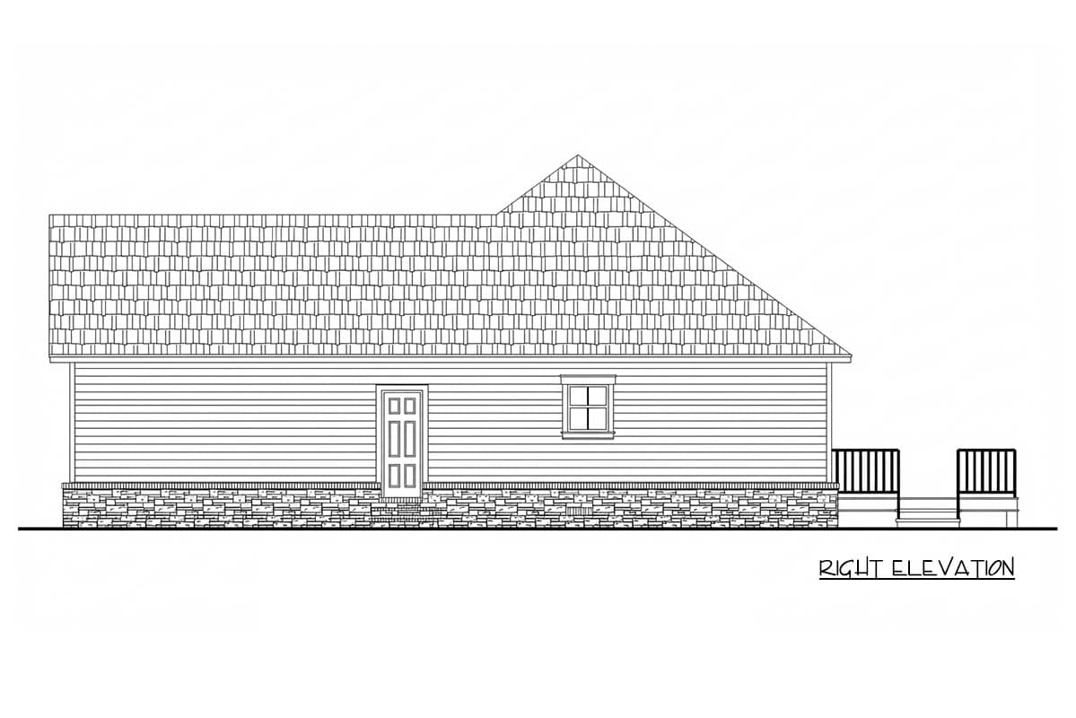 Right elevation house plan showing horizontal siding, stone foundation, one door, one window, and a deck.