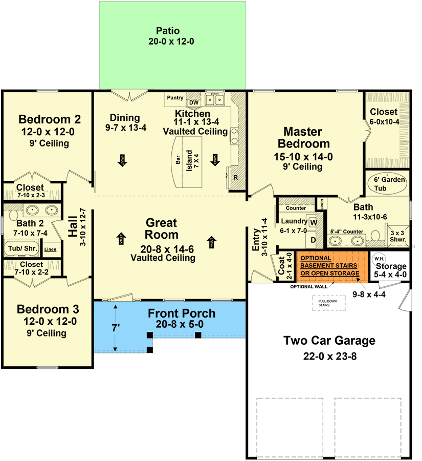 Plan 51013MM: 3-Bed New American Ranch Home Plan with Vaulted Great Room - 1600 Sq Ft - Floor Plan - Main Level - Craftsman, New American, Ranch