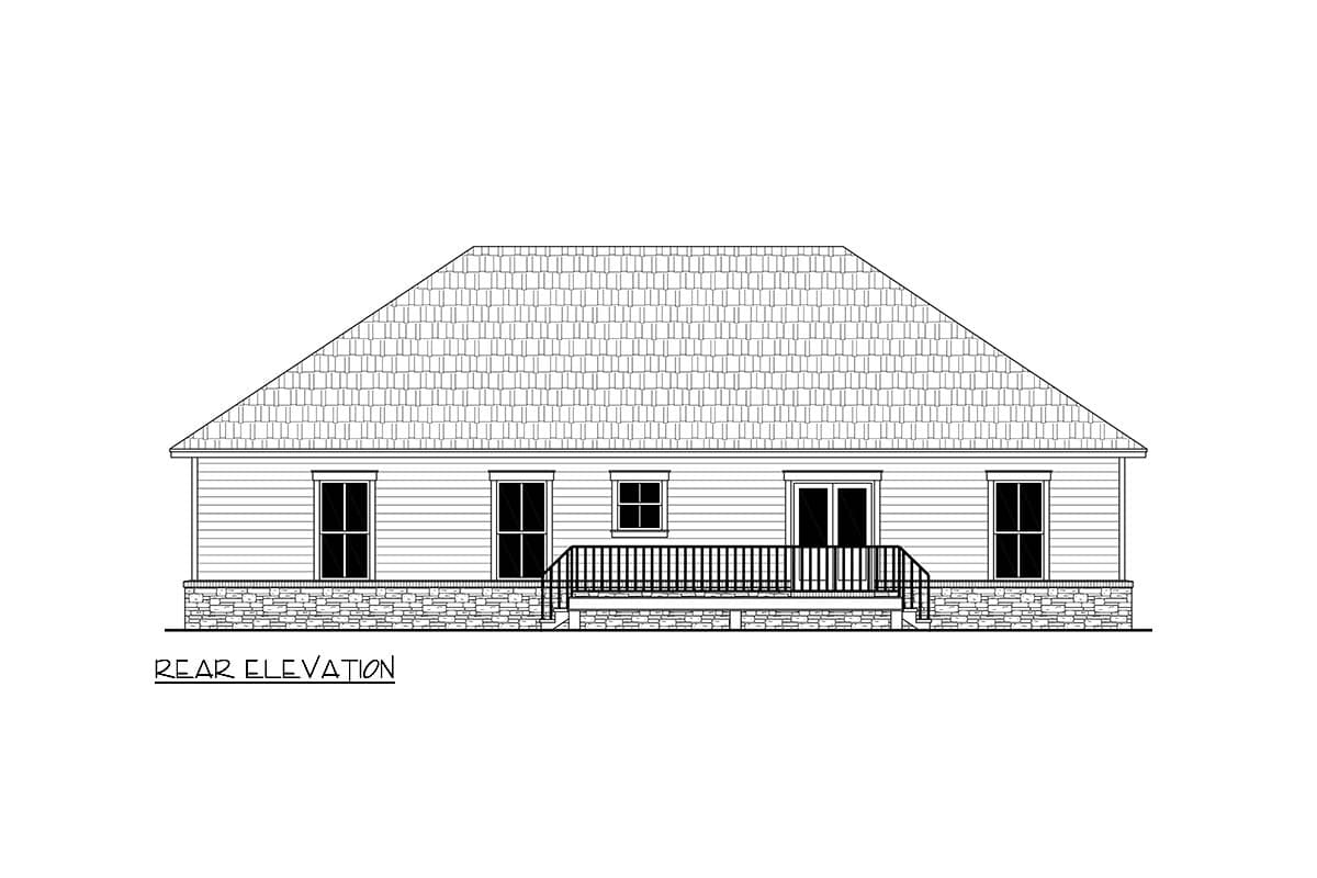 Rear elevation drawing of a house with a large gable roof, siding, and a porch with a railing.