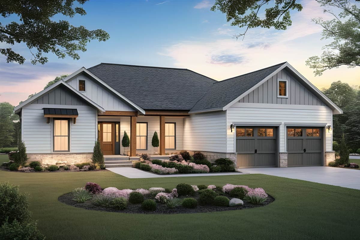 Modern Farmhouse house plan exterior with gables, wide siding, stone accents, covered entry, and a triple-window garage.