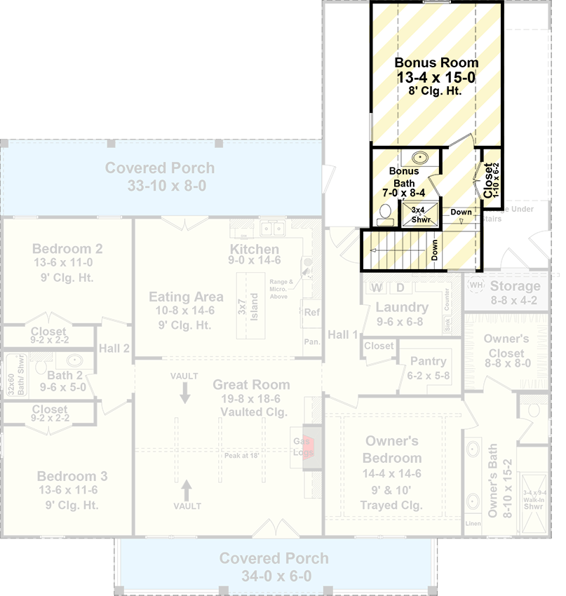 Plan 51223MM: 3-Bedroom Modern Farmhouse Plan with Bonus Room Above - 1817 Sq Ft - Floor Plan - 2nd Floor - Country, Farmhouse, Modern Farmhouse, New American, Southern