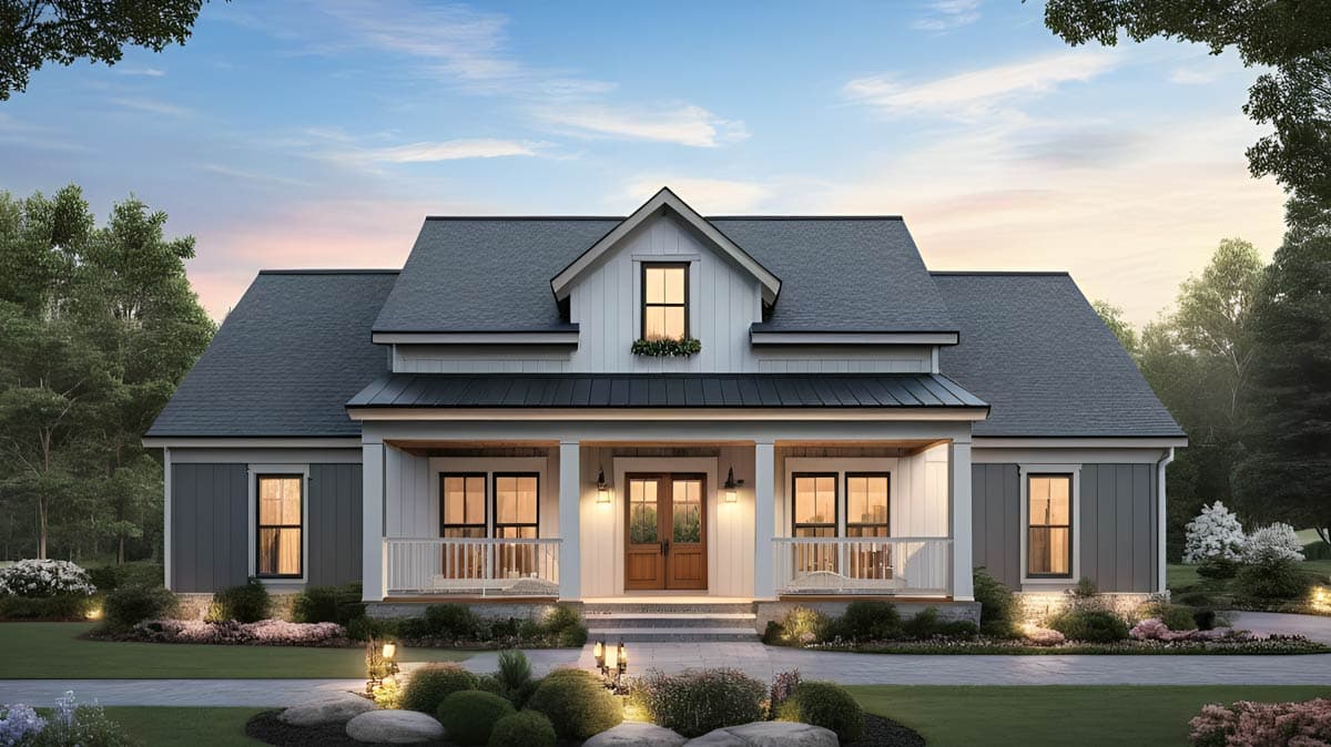House plan exterior rendering. Modern Farmhouse style with a front porch, gables, and a dormer. One-story home with a dark gray roof.