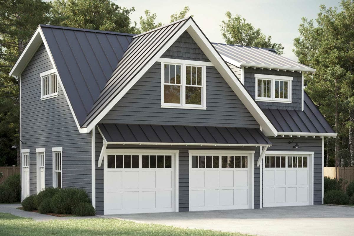 House plan exterior: Two-story Modern Farmhouse style with dark siding, metal roof, gable dormer, and three garage bays.