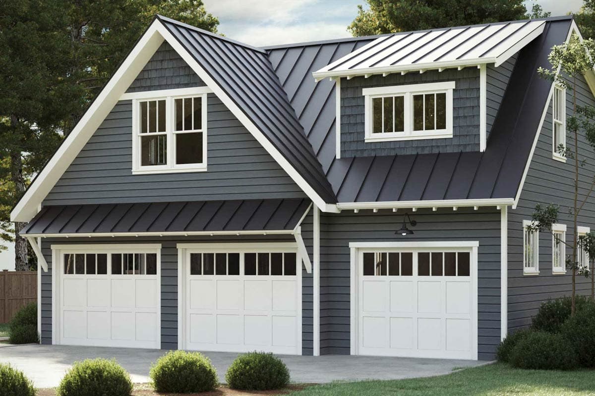 House plan exterior features a gambrel roof, dormer, and four-car garage with white paneled doors.