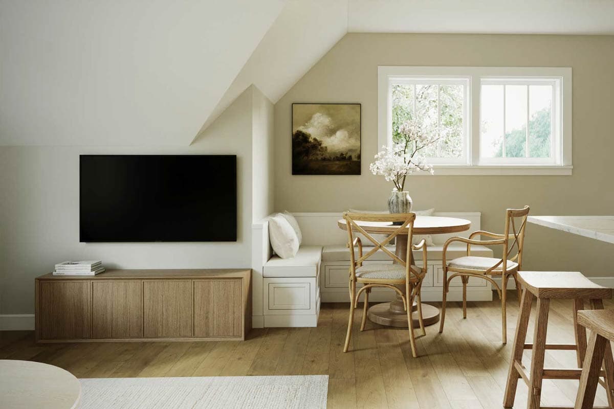 Interior rendering of a dining area with banquette seating, round table, chairs, and a wall-mounted TV on a wooden media console.