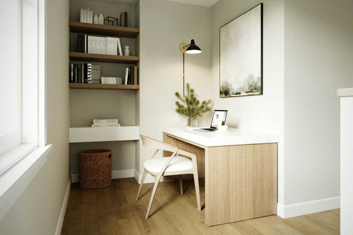 Compact home office rendering with a wooden desk, built-in shelves, chair, laptop, and artwork.