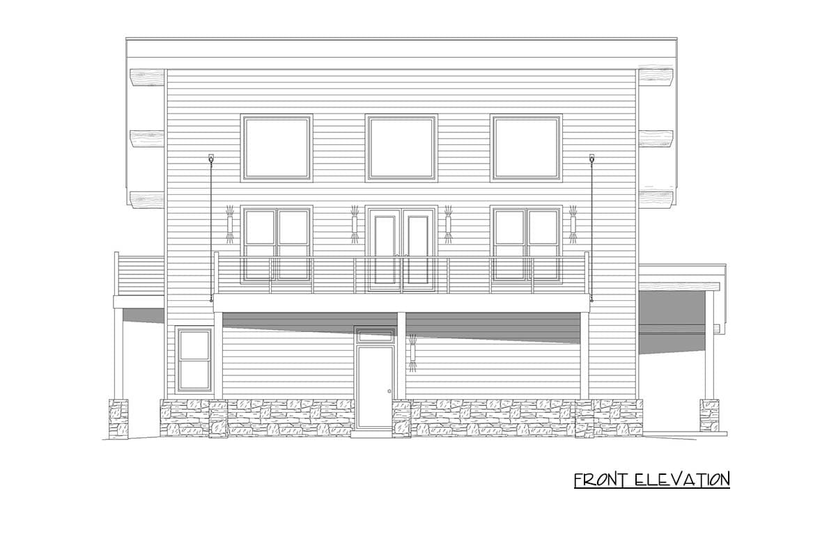Front elevation house plan drawing with three stories, horizontal siding, stone base, and balconies.