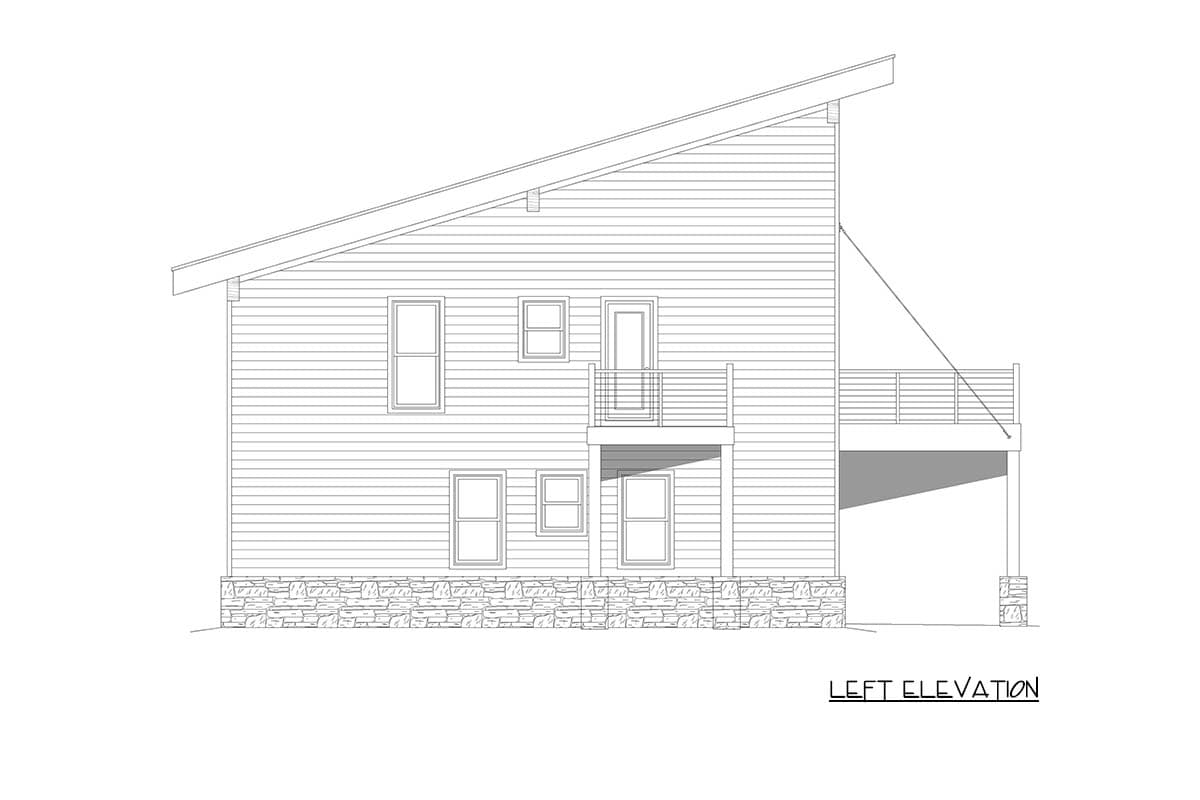Left elevation drawing of a house plan featuring a sloped roof, siding, stone base, multiple windows, and a deck.