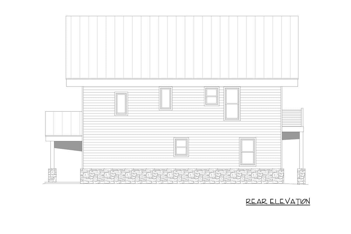 Rear elevation drawing of a two-story house plan with a metal roof, siding, and stone foundation, featuring balconies.