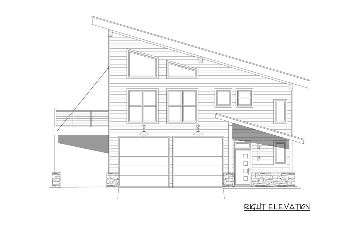 Right elevation house plan: Modern style, two-story, asymmetrical roof, two-car garage, deck, and stone accents.