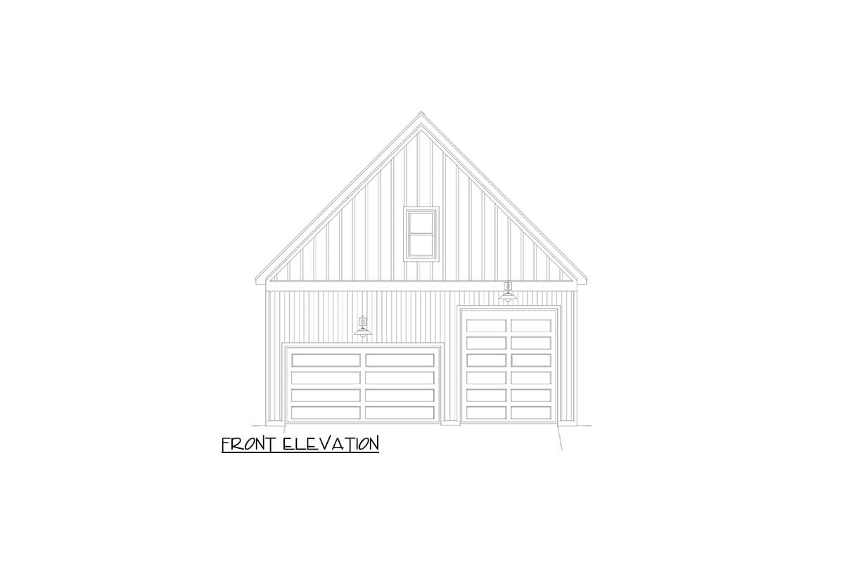 Front elevation drawing of a garage with vertical siding, a gabled roof, a small dormer window, and two garage doors of different sizes.