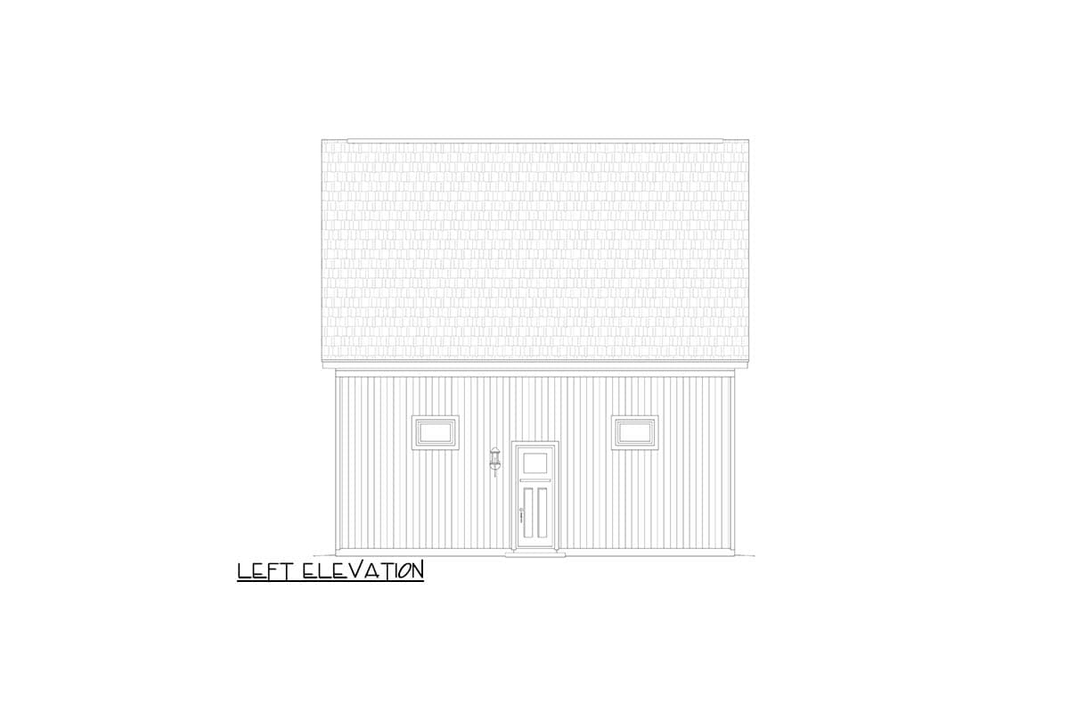 Left elevation drawing of a house plan showing a pitched roof, clapboard siding, a central door, and two windows.