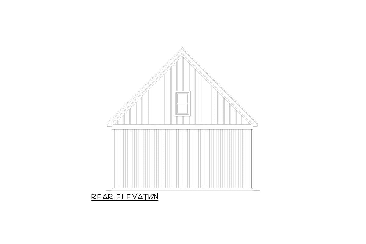 Rear elevation drawing of a house plan featuring a gable roof, vertical siding, and a single dormer window.