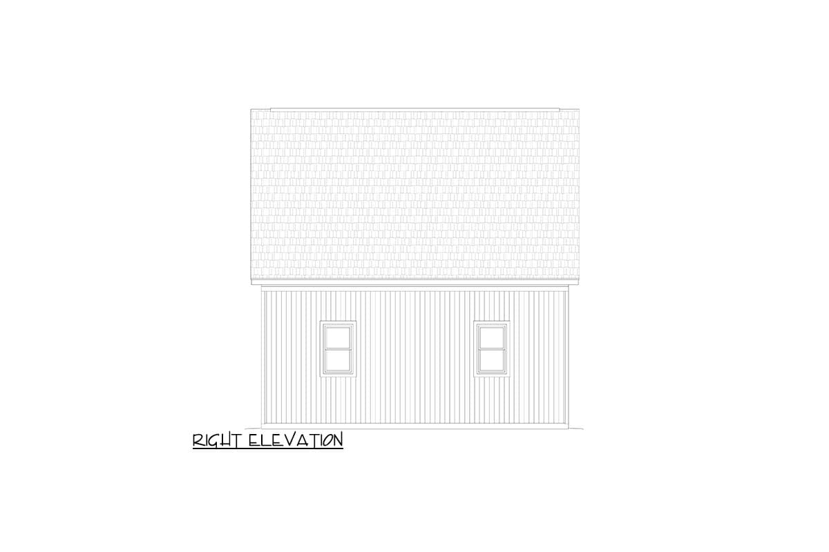 Right elevation drawing of a house plan showing a gable roof and two symmetrically placed windows.