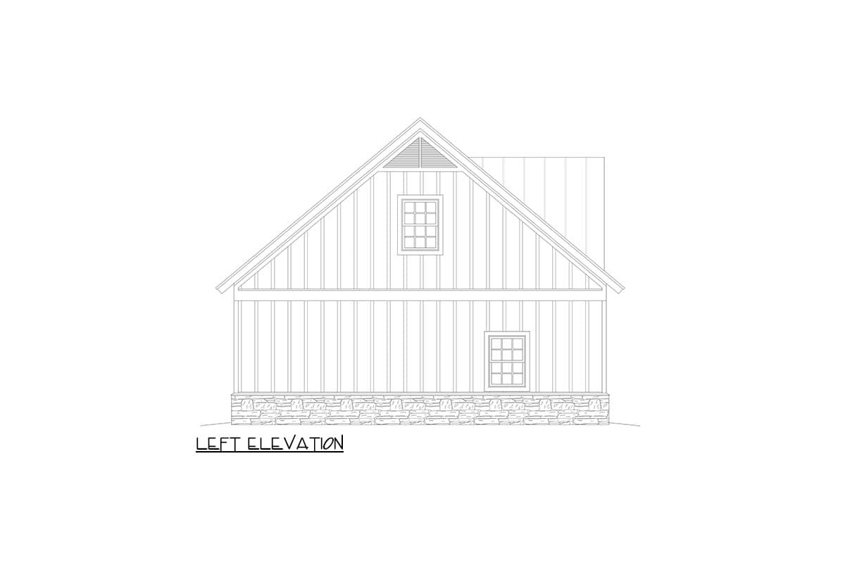 Left elevation of a house plan featuring board and batten siding, stone foundation, and two windows.