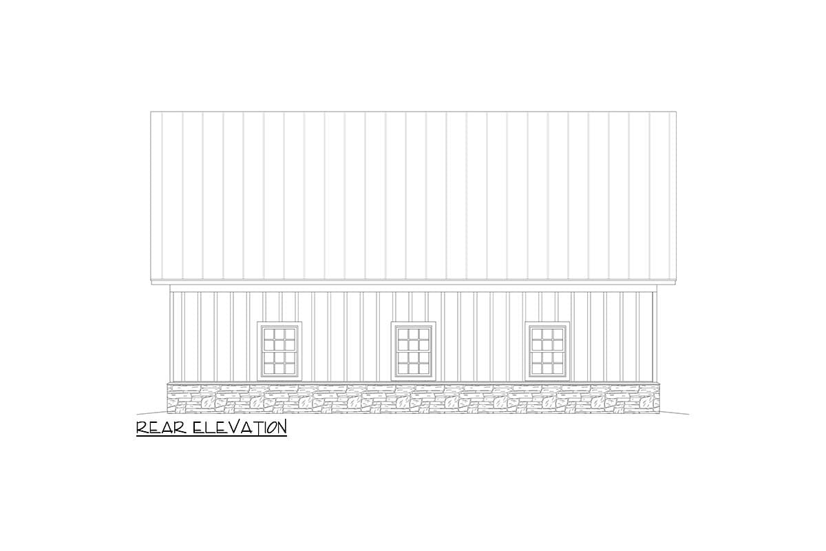 Rear elevation drawing of house plan showing vertical siding, stone foundation, and three windows.